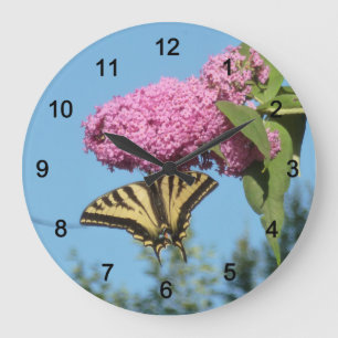 Gult Tiger Swallowsvans på Rosa Butterfly Bush Fl Stor Klocka