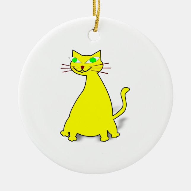 Gult Tjock Katt Julgransprydnad Keramik (Framsidan)