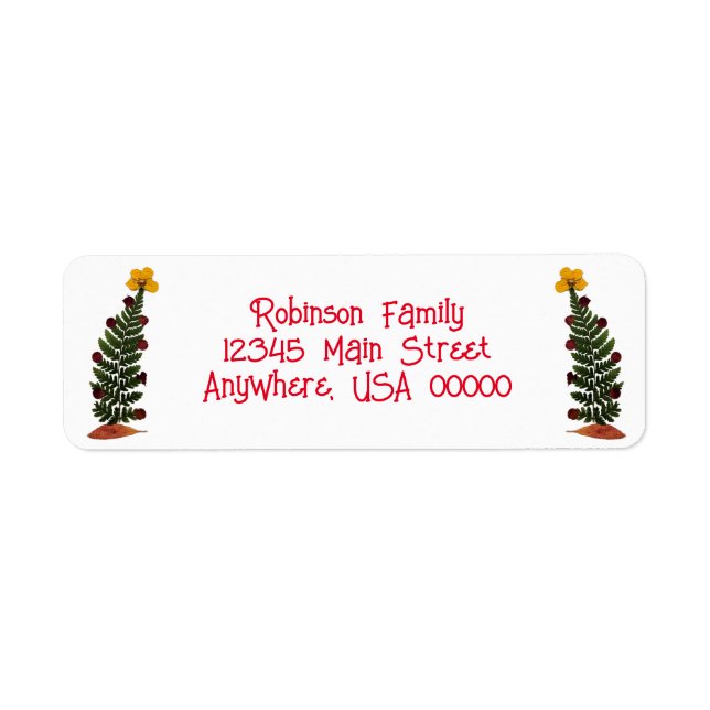 Gult Torkad Tryck på blomman Julgran Returadress Etikett (Framsidan)