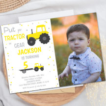 Gult Tractor Birthday-inbjudningar med foto
