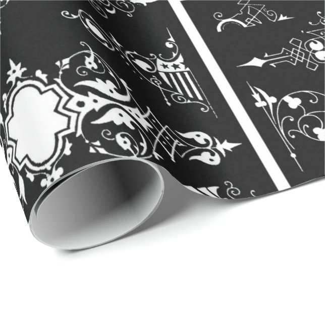 Gult trim antique ornate head trim black white presentpapper (Rullad Hörn)