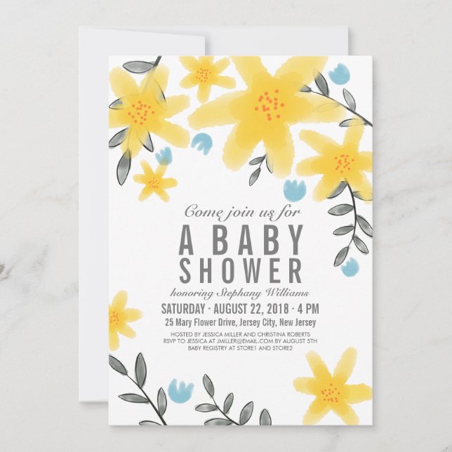 Gult Tropical Blommigt Baby Shower Inbjudan Girl (Framsida)