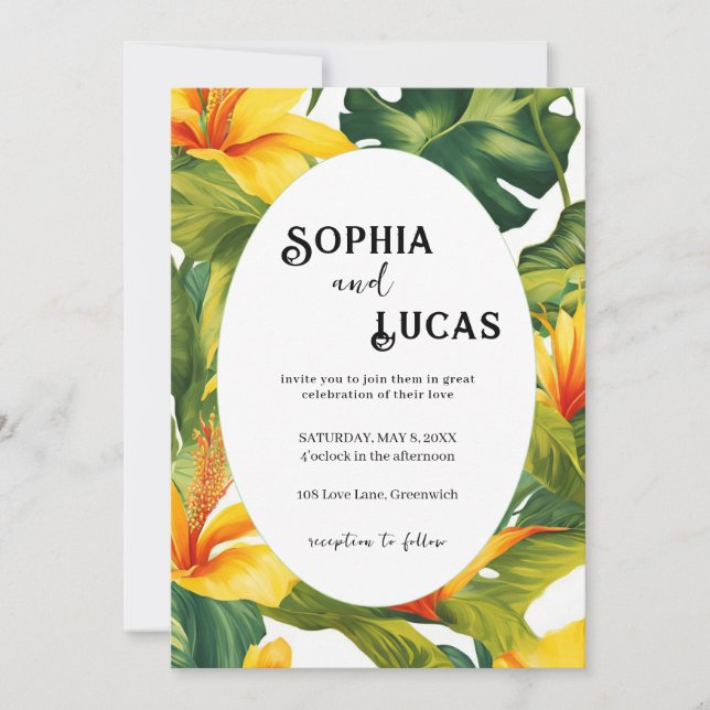 Gult Tropical Blommigt Bröllop Inbjudningar (Framsida)