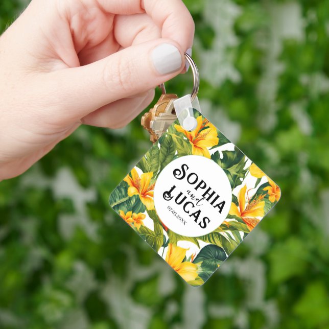 Gult Tropical Blommigt Bröllop Nyckelring (Hand)