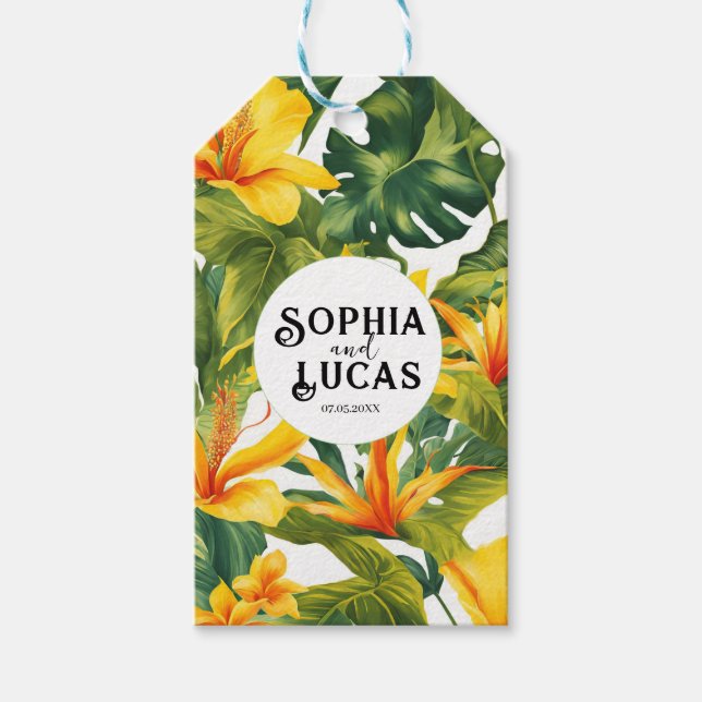 Gult Tropical Blommigt Bröllop Presentetikett (Framsidan)