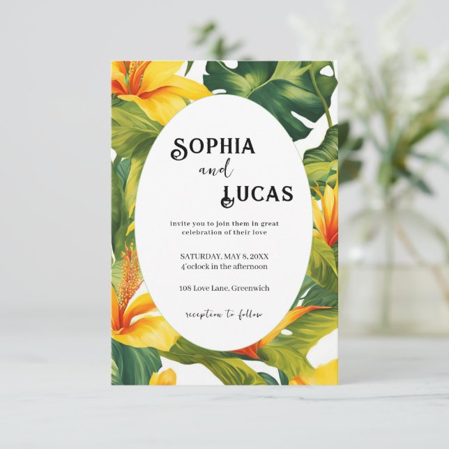 Gult Tropical Blommigt Bröllop Tilläggskort (Stående Fram)