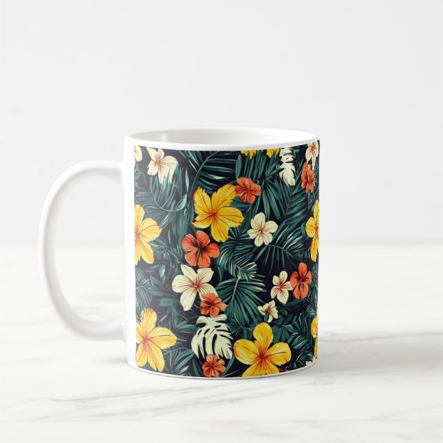 Gult Tropical Flowers Mönster Kaffemugg (Vänster)