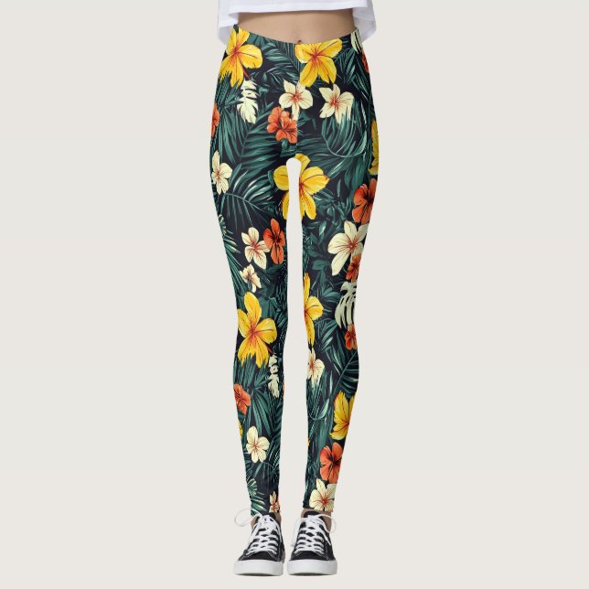 Gult Tropical Flowers Mönster Leggings (Framsida)