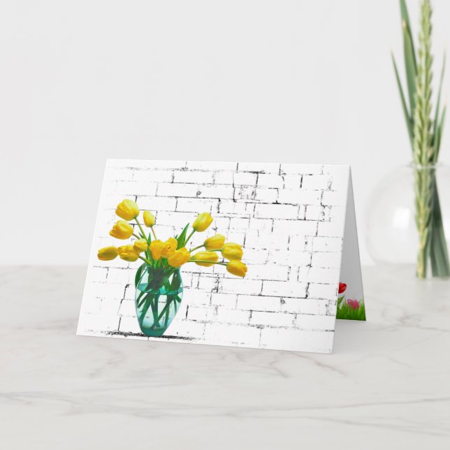 Gult Tulip Bouquet på Brick Birthday Card Kort (Framsida)