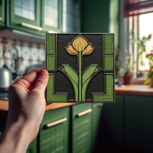 Gult Tulip Geometrical Flower Mid Century Kakelplatta