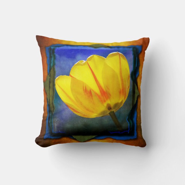 Gult Tulip på Blå Grönt Orange Grunge Pillow Kudde (Framsida)