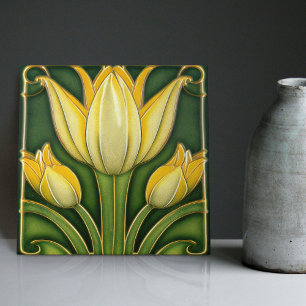 Gult Tulip Symmetric Wall Decor Art nouveau Kakelplatta
