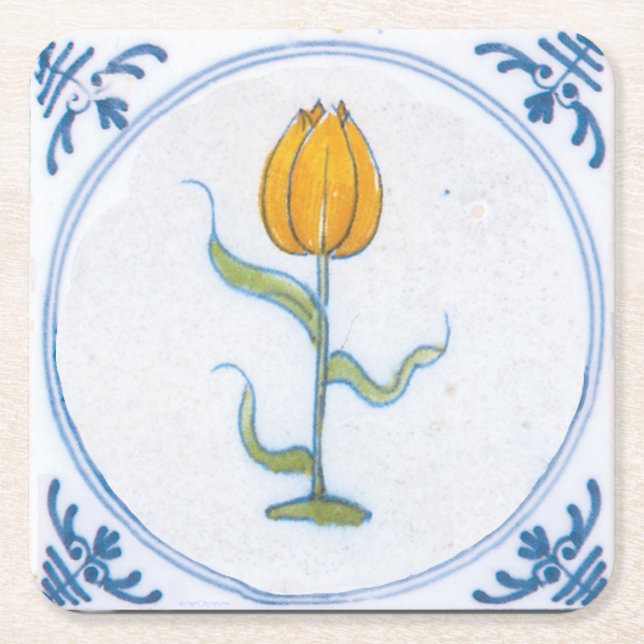 Gult Tulip Vintage Delft Art Papper Underlägg Kvadrat (Framsidan)
