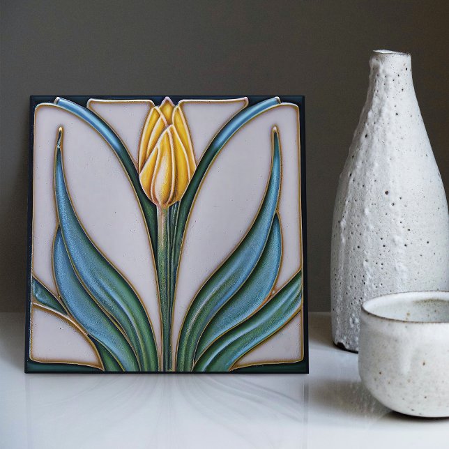 Gult Tulip Wall Decor Art nouveau Art Deco Ceram Kakelplatta (Skapare uppladdad)