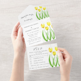 Gult Tulips Blommigt Vattenfärgen Vår bröllop