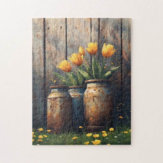 Gult Tulips in Rustic Cannisters Art Pussel (Vertikal)