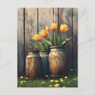 Gult Tulips in Rustic Cannisters Art Vykort