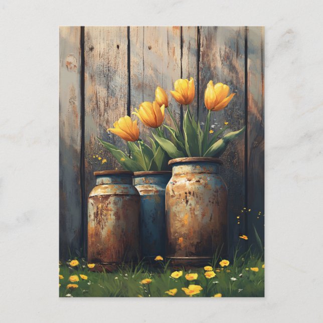 Gult Tulips in Rustic Cannisters Art Vykort (Framsida)