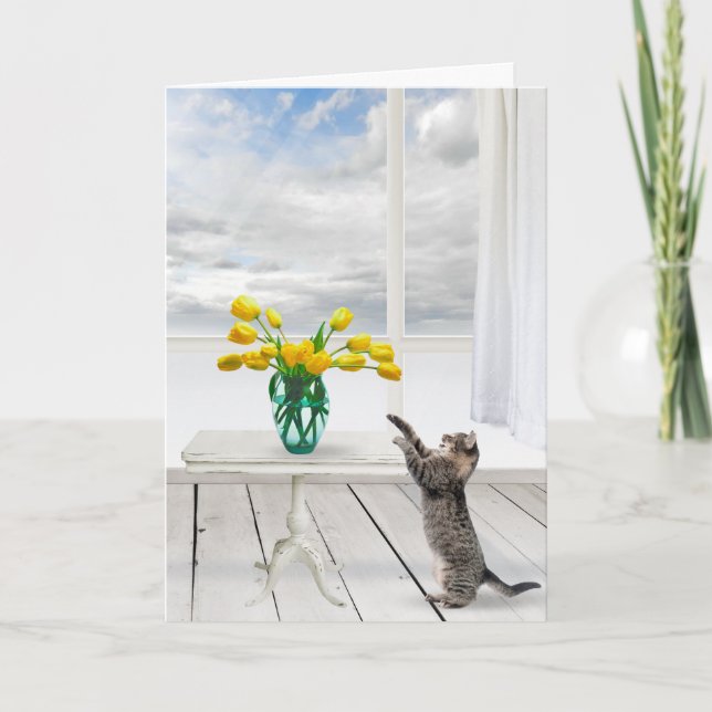 Gult Tulips och kattfödelsedag Kort (Framsida)