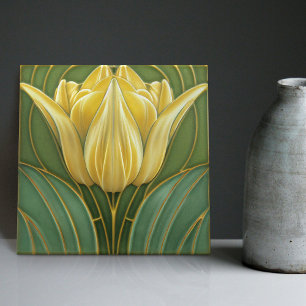 Gult Tulips Symmetric Wall Decor Art nouveau Kakelplatta