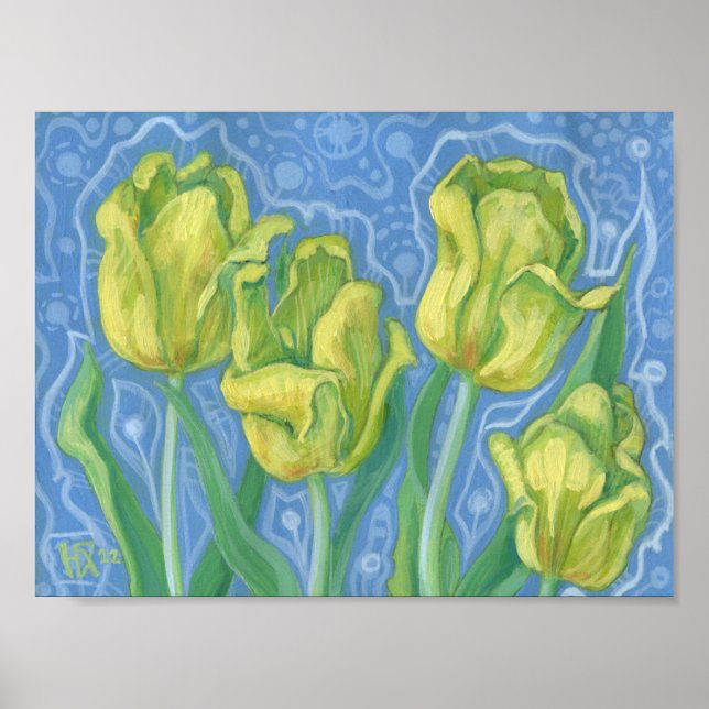 Gult Tulips, Vår blommor Blommigt Art-målning Poster (Framsidan)