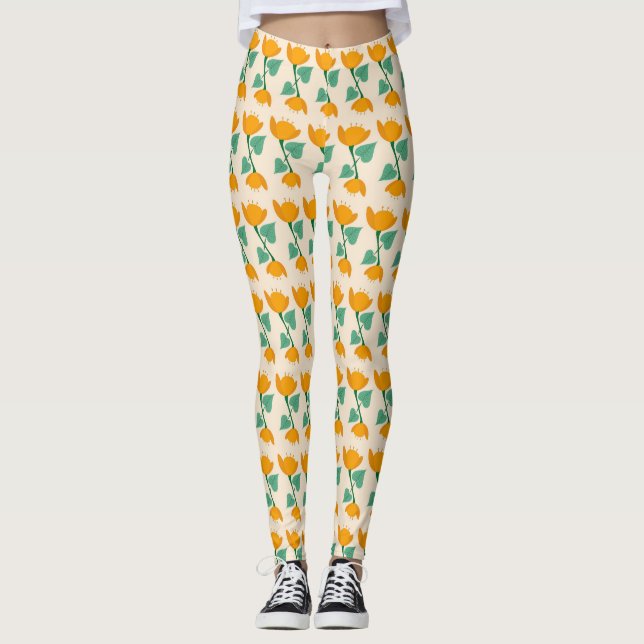 Gult tulp blommönster på grädde leggings (Framsida)
