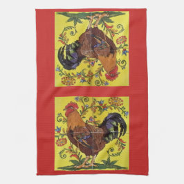 Gult Tupp Chicken Red Folk Art Kitchen Towel Kökshandduk