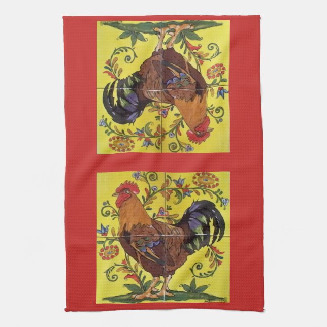 Gult Tupp Chicken Red Folk Art Kitchen Towel Kökshandduk (Vertikal)