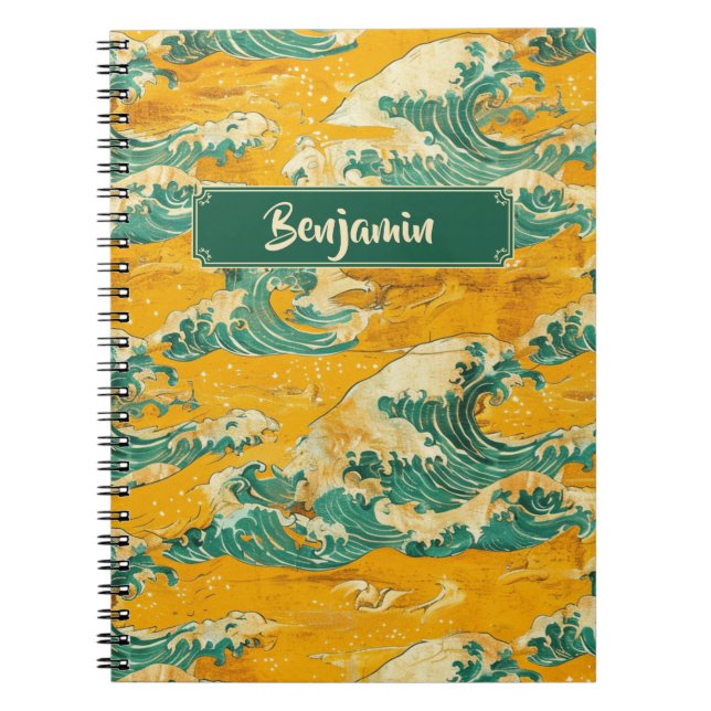 Gult Turcoise Japanska Ocean Vinkar Traditional Anteckningsbok (Framsidan)