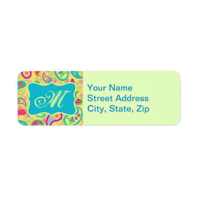 Gult Turcos Modern Pasley Mönster Monogram Returadress Etikett (Framsidan)