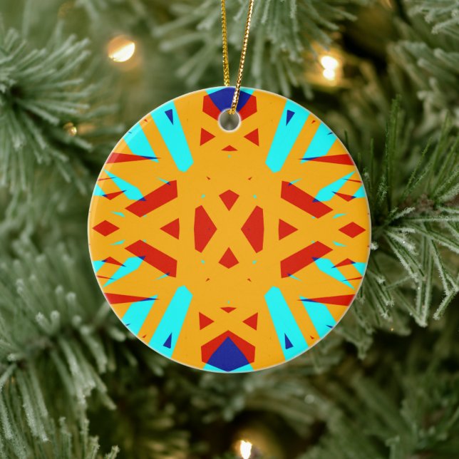 Gult Turkos Blue Geometric Art Deco Festive Julgransprydnad Keramik (Träd)