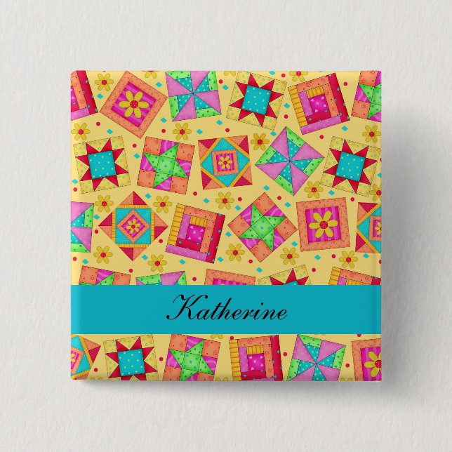 Gult Turquota Patchwork Quilt Blocks Namn Badge Knapp (Framsida)