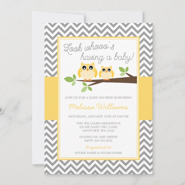 Gult Uggla Grått Chevron Baby Shower Inbjudningar (Framsida)
