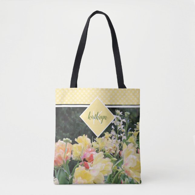 Gult Vår blommor och Hearts Monogram Tote Bag Tygkasse (Framsida)