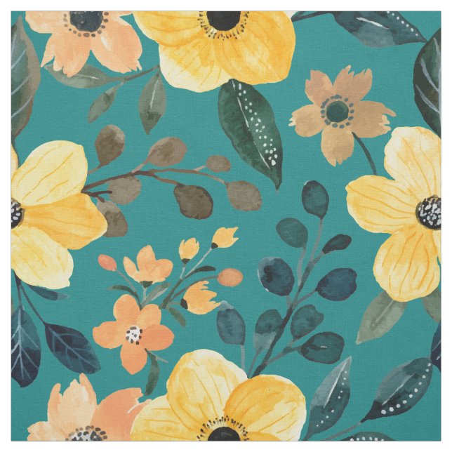 Gult Vattenfärg. Blommor Teal Botanical Tyg (Provkarta)