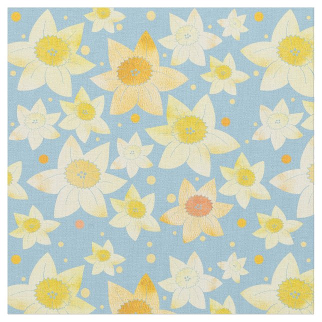 Gult Vattenfärg Daffodil & Dots Mönster Tyg (Närbild)
