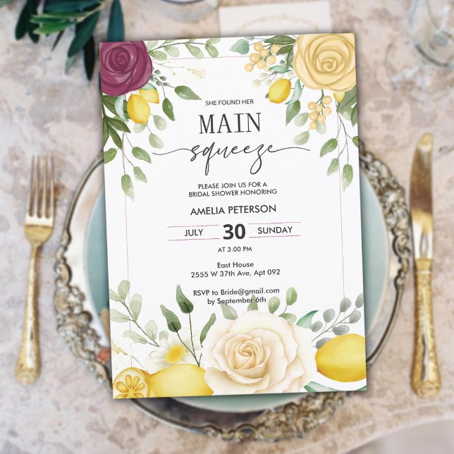Gult Vattenfärg Lemon Möhippa Main Squeeze Inbjudningar (Yellow Watercolor Lemon Bridal Shower Main Squeeze Invitation)