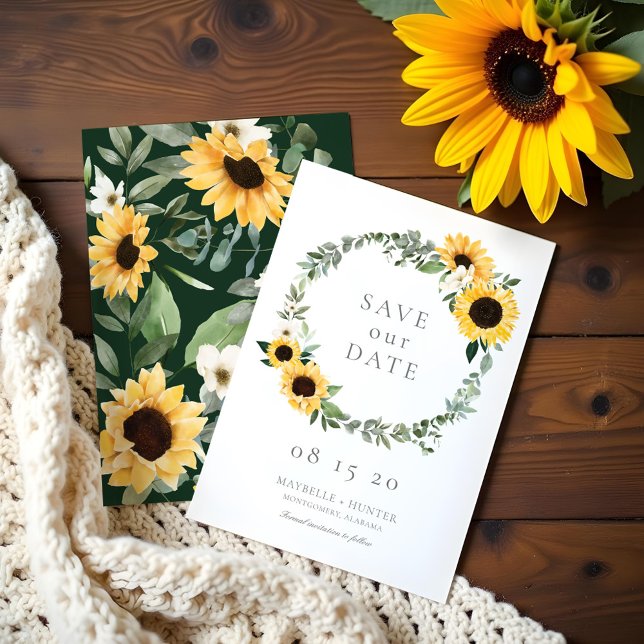 Gult Vattenfärg Solblommor och Wildblomkrans Spara Datumet (Yellow Watercolor Sunflowers & Wildflower Wreath Save The Date)