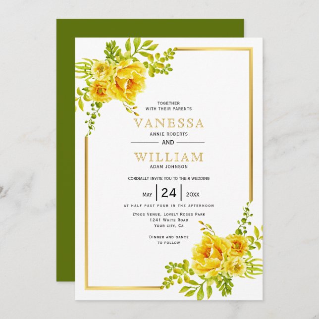 Gult vattenfärgblommor och guld ram bröllop inbjudningar (Fram/baksida)