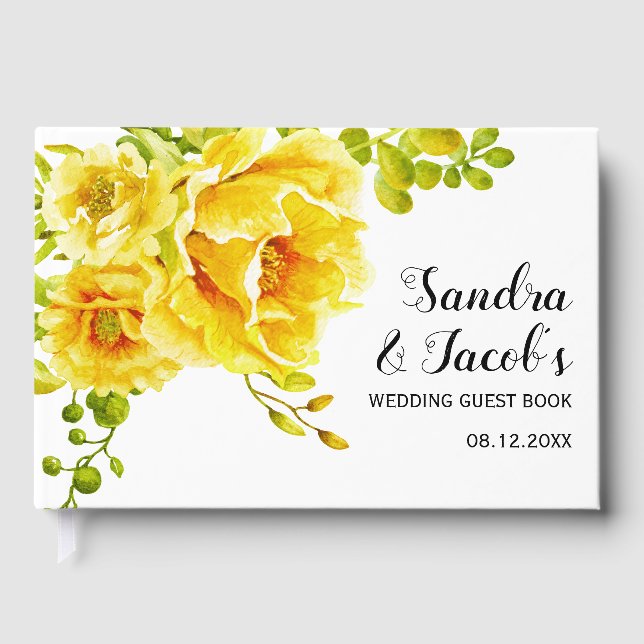 Gult vattenfärgblommor och typografi bröllop gästböcker (Framsida)