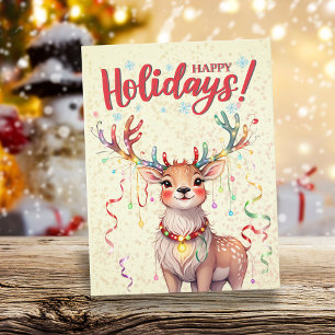 Gult Vattenfärgning Kute jul Ljus Reindeer Vykort