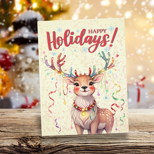 Gult Vattenfärgning Kute jul Ljus Reindeer Vykort (Yellow Watercolor Cute Christmas Lights Reindeer Postcard)