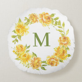 Gult Vattenfärgning Ro Blommigt Utandning Monogram Rund Kudde