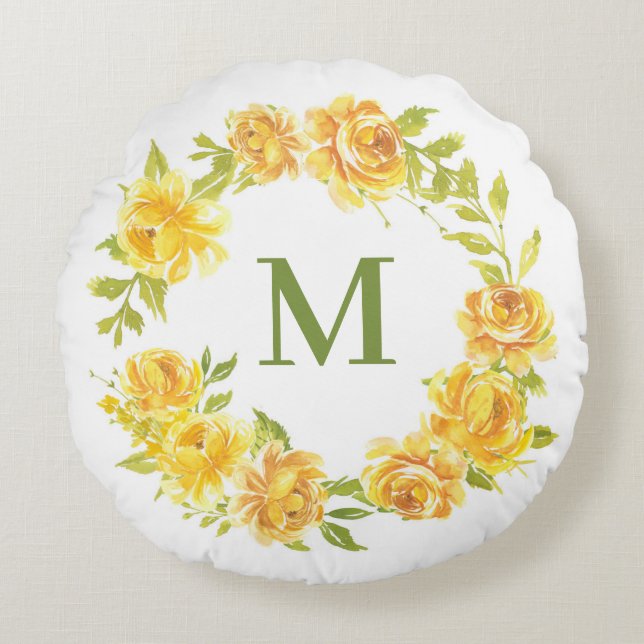Gult Vattenfärgning Ro Blommigt Utandning Monogram Rund Kudde (Framsidan)