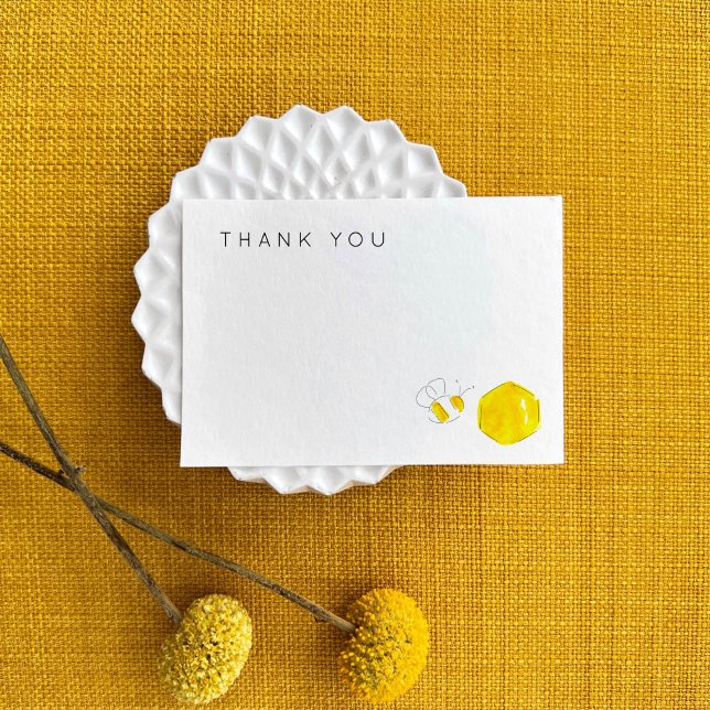 Gult Vattenfärgsbabyskor för Humla Hive Tack Kort (Watercolor buzzing bee and honeycomb Thank You yellow baby shower watercolor note card.)