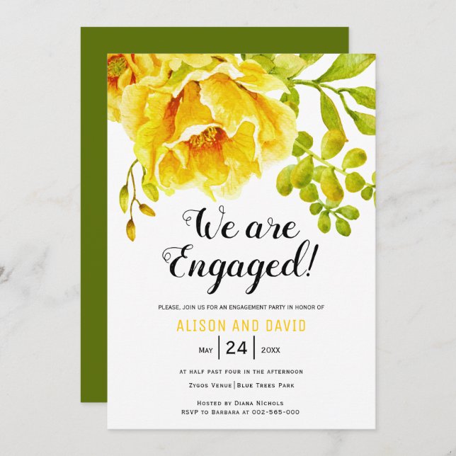 Gult vattenfärgsblommigt bröllop förlovningsfest inbjudningar (Fram/baksida)