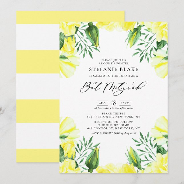 Gult VattenfärgsBlommigt Ro Bat mitzvah Inbjudningar (Fram/baksida)