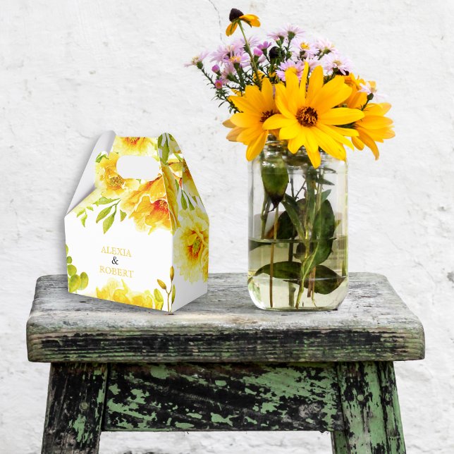 Gult vattenfärgsblommor och löv bröllop presentaskar (Skapare uppladdad)