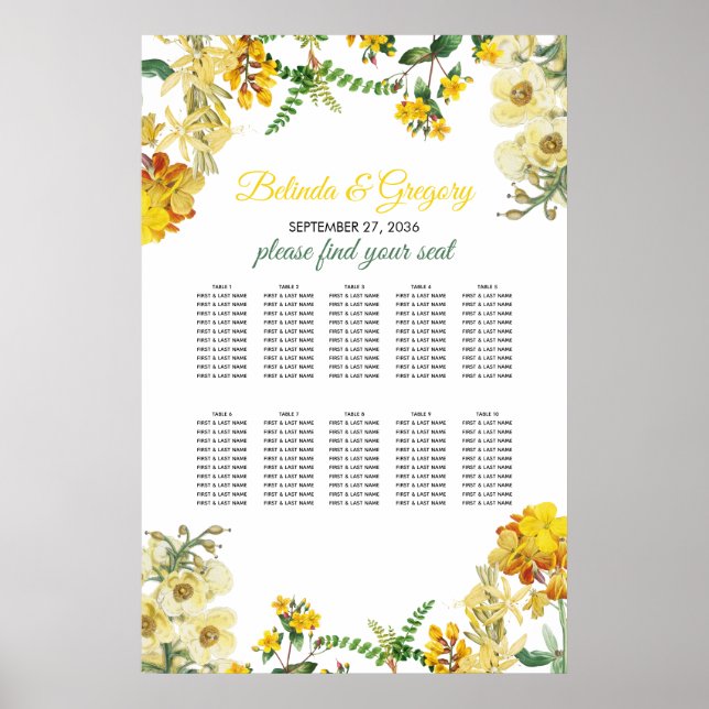 Gult Vattenfärgsdiagram för Blommigten Bröllop Poster (Framsidan)