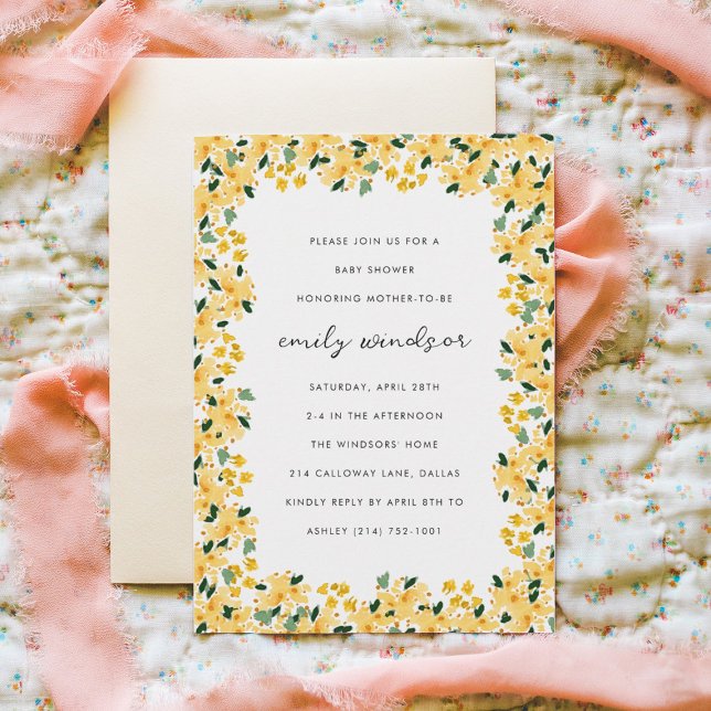 Gult Vattenfärgsfärgad Blommigt Garden Baby Shower Inbjudningar (Skapare uppladdad)